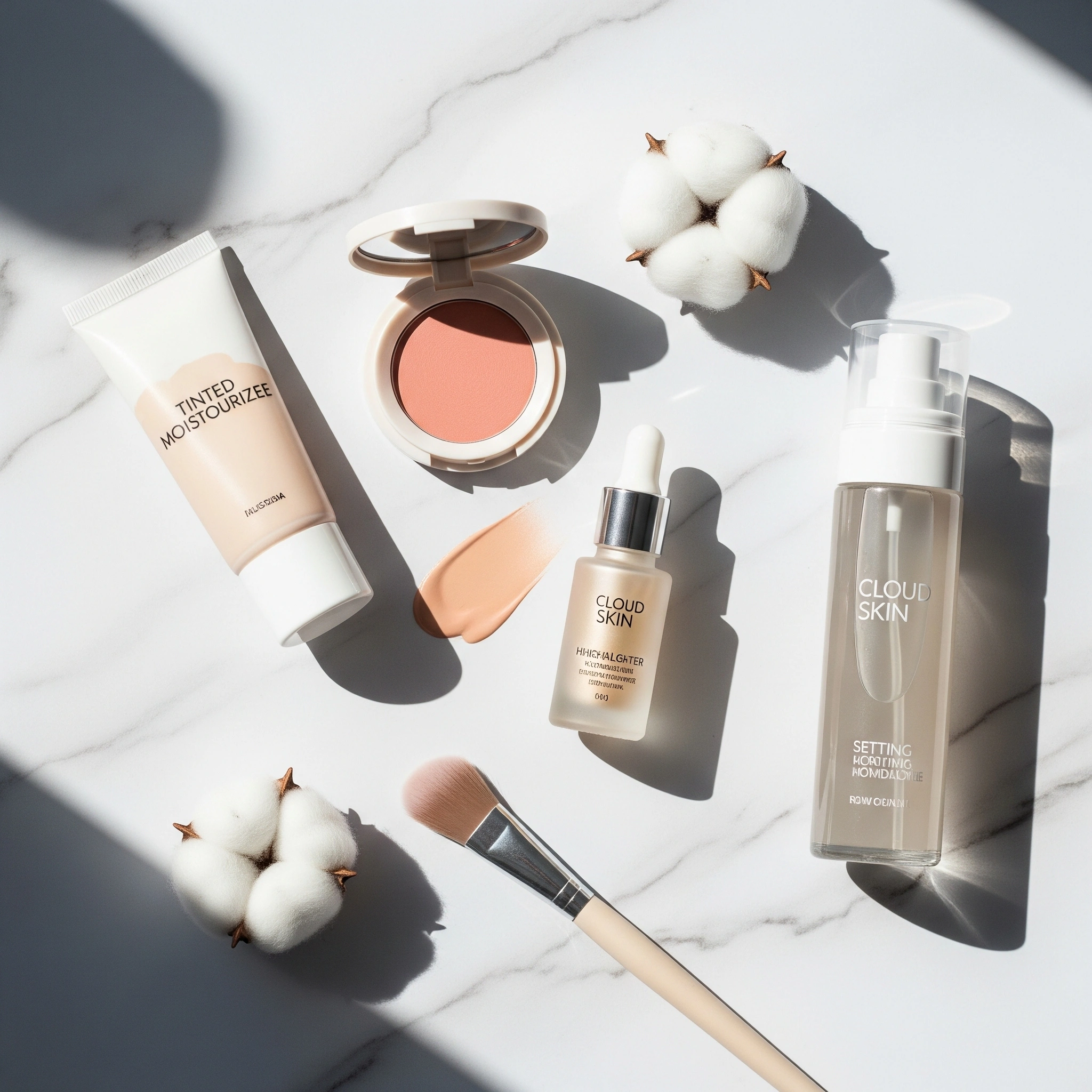 Cloud skin makeup products flat lay featuring tinted moisturizer, cream blush, highlighter and setting spray on marble background