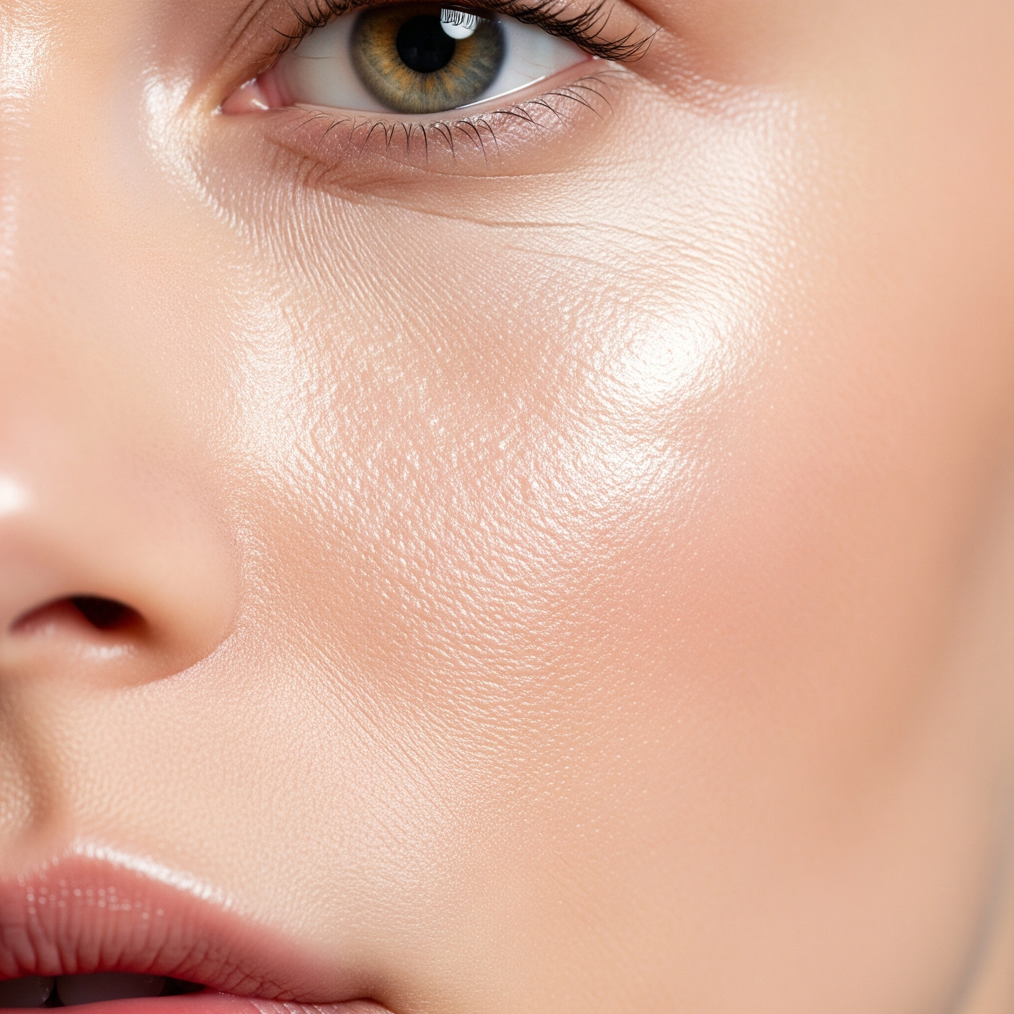 Detailed close-up of cloud skin makeup showing dewy texture, natural glow and luminous finish on woman's face