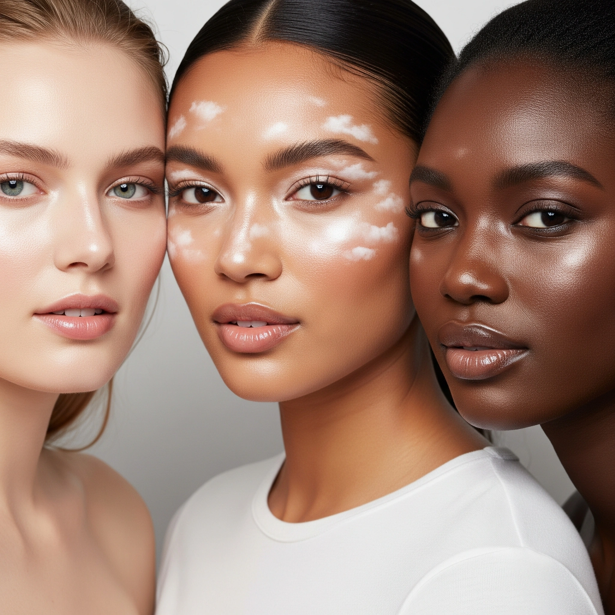 Three women with diverse skin tones showcasing cloud skin makeup results, demonstrating inclusive dewy glass skin tutorial