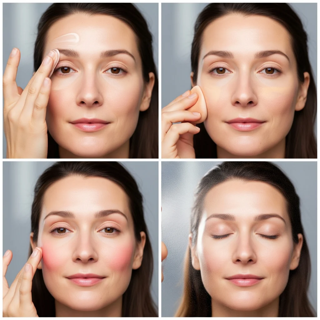 Four-panel step-by-step cloud skin makeup application tutorial showing primer, foundation, blush and setting spray stages