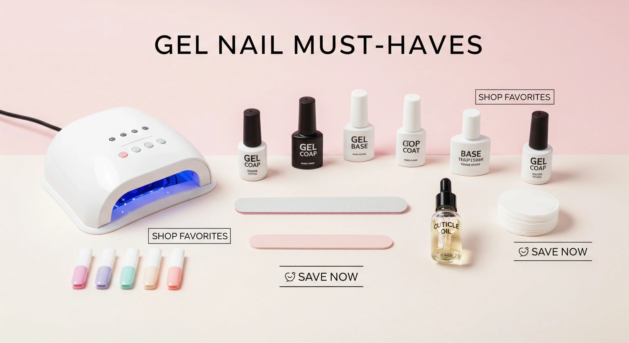 Flat lay of essential gel nail tools and products on pastel background for a Pinterest “Shop & Save” list.