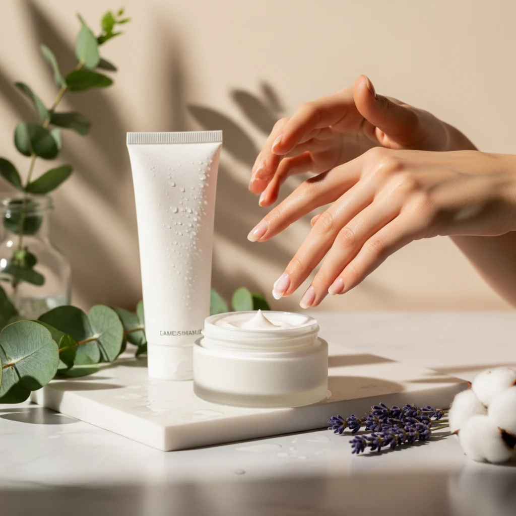 Luxury hand cream jar on marble surface with fresh botanical elements and manicured hands, professional product photography for skincare review