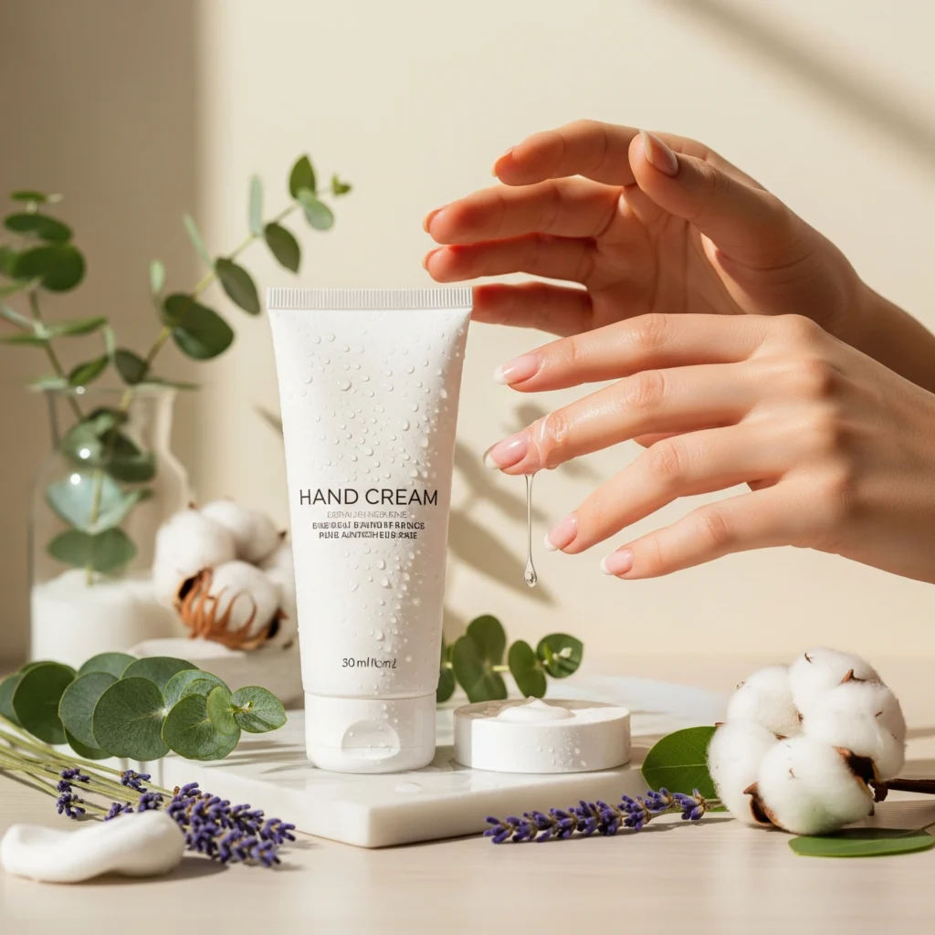 Luxury hand cream jar on marble surface with fresh botanical elements and manicured hands, professional product photography for skincare review