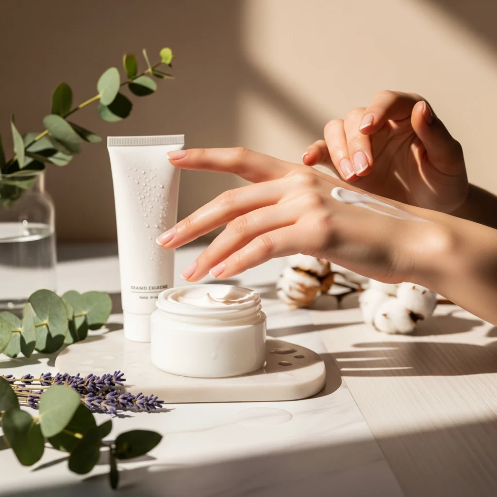 Luxury hand cream jar on marble surface with fresh botanical elements and manicured hands, professional product photography for skincare review