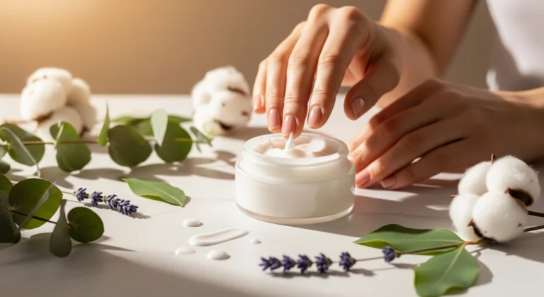 Luxury hand cream jar on marble surface with fresh botanical elements and manicured hands, professional product photography for skincare review
