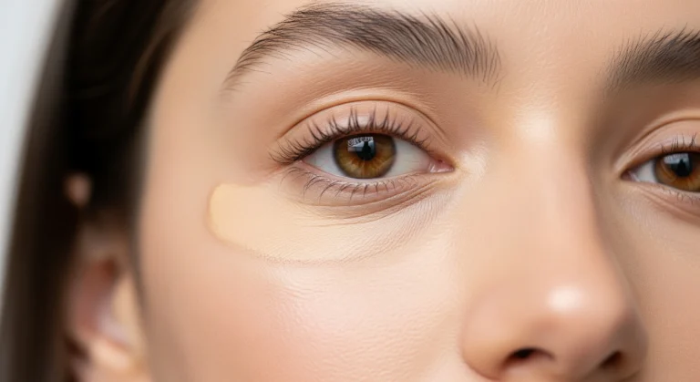 Close-up of a woman's under-eye area, showing the smooth, natural finish of a lightweight concealer that brightens the skin without creasing.