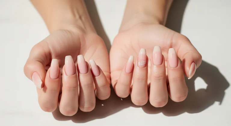 Professional beauty photography showing female hands with different nail shapes including square, round, oval, almond, stiletto, coffin, squoval, and lipstick shapes with natural nude polish on a light neutral background