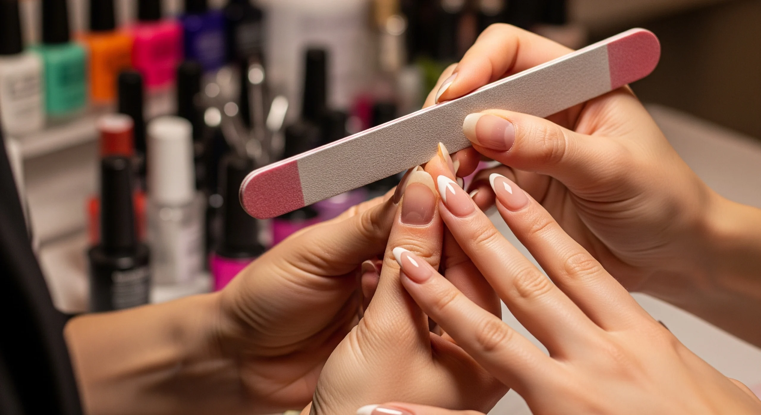 Flat-lay overhead shot of open hand with ombre nude-to-pink nails displaying five different shapes, surrounded by nail care tools including file, buffer, cuticle pusher, and polish bottles on white wooden surface