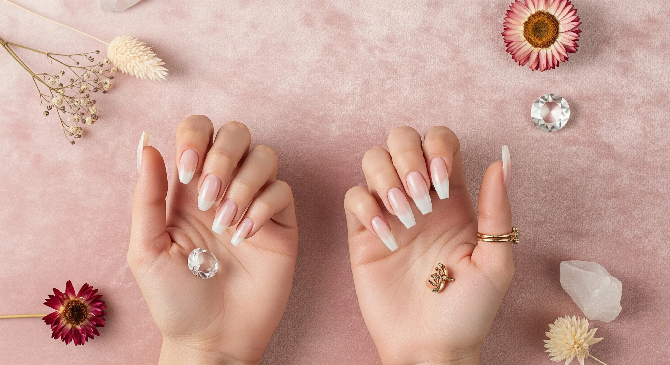 Close-up of manicurist filing client's nails in salon, showing nail shaping process in progress with professional nail tools and blurred polish bottles in background