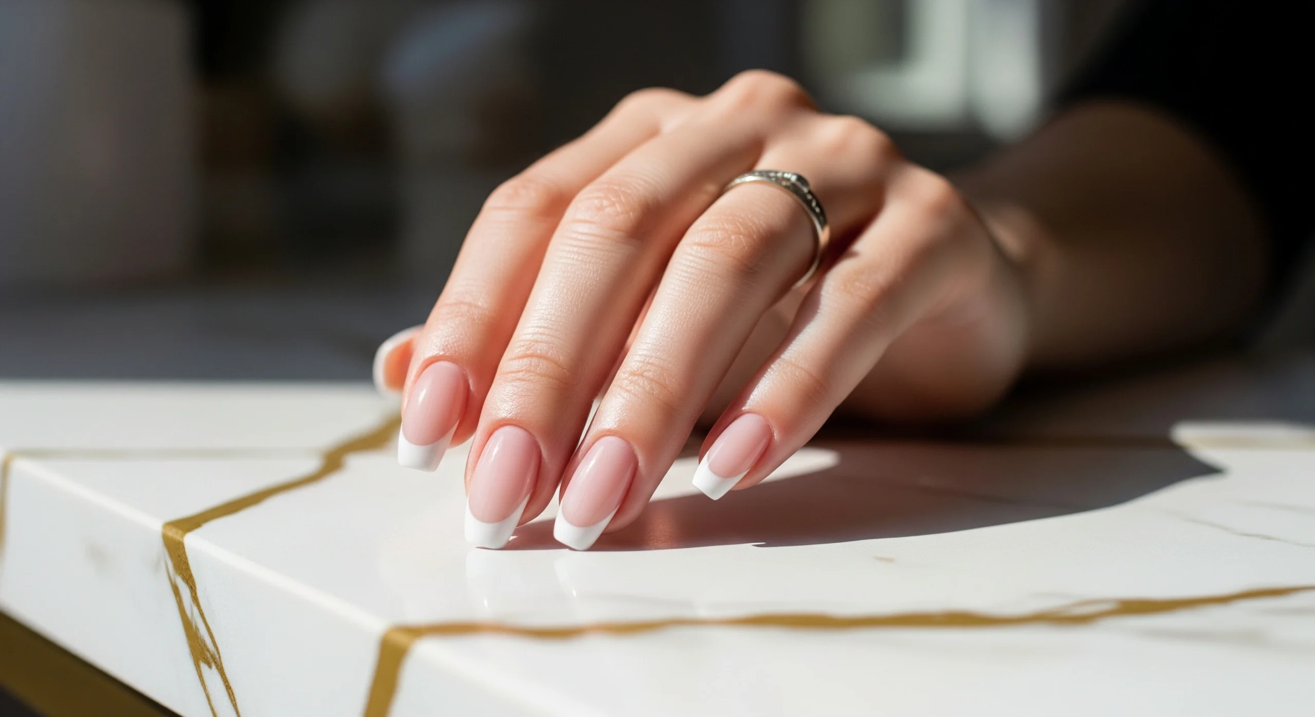 Top-down view of two hands on blush pink velvet showing natural nail shapes on left hand and dramatic nail shapes on right hand with clear glossy polish, decorated with dried flowers and crystal