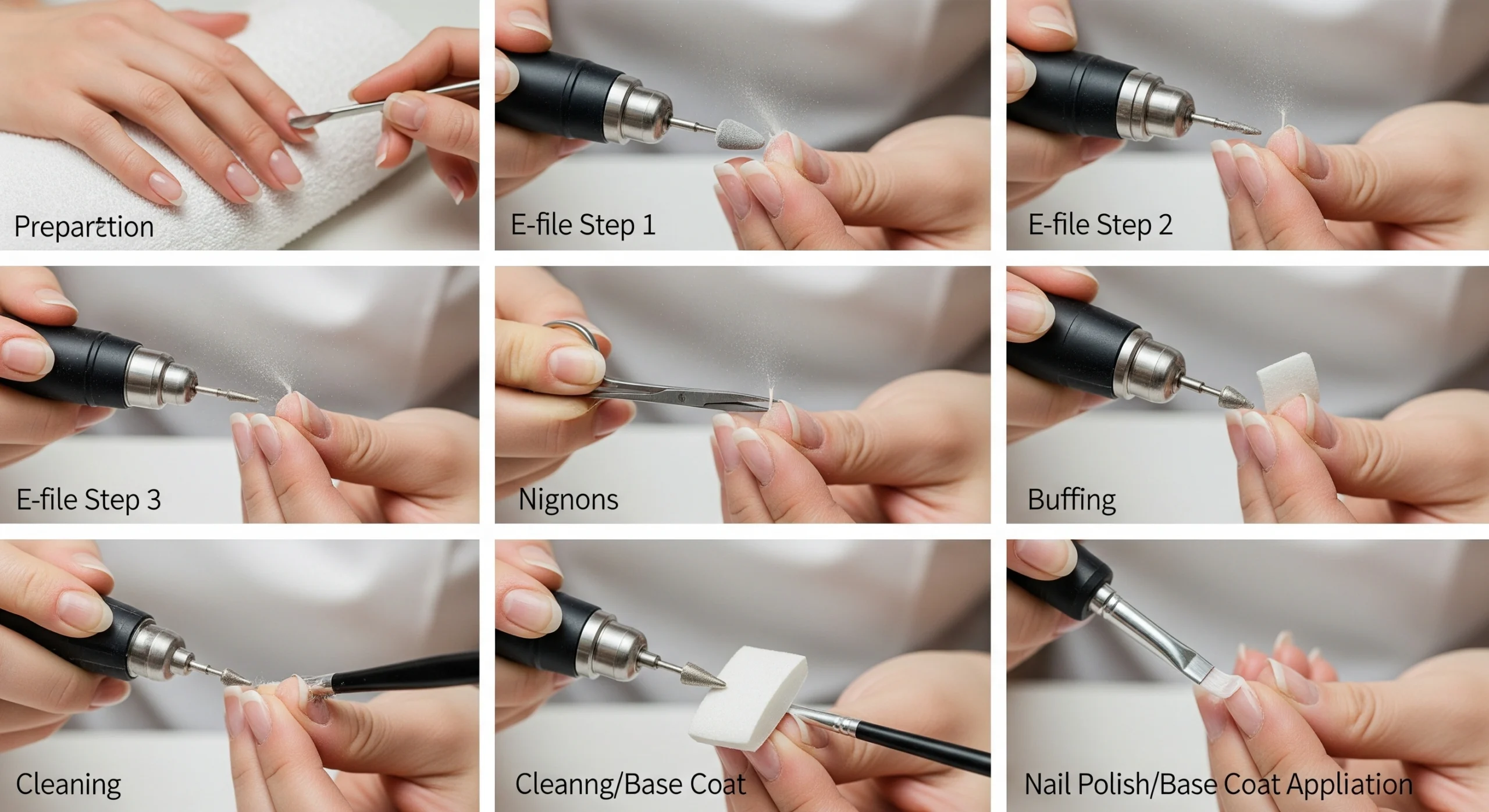 Step-by-step image of a nail technician performing a Russian manicure