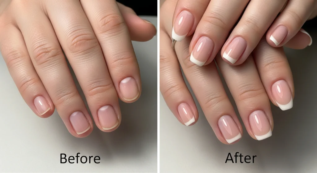 Before and after Russian manicure showing transformation