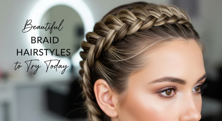 Elegant woman showcasing modern braided hairstyle in soft natural light.