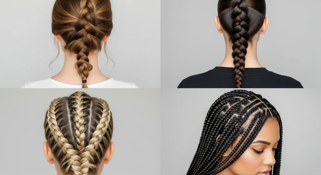Comparison of different braid styles including French, Dutch, fishtail, and box braids