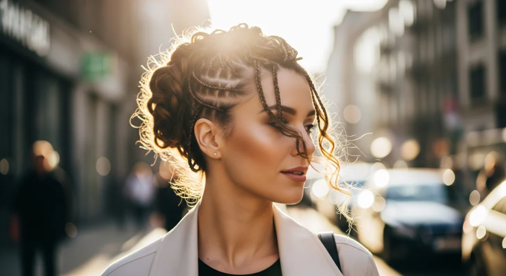 Stylish woman with braided updo hairstyle walking outdoors in natural light.
