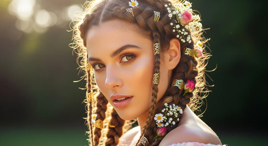 Festive braided hairstyle with gold accessories for summer occasions