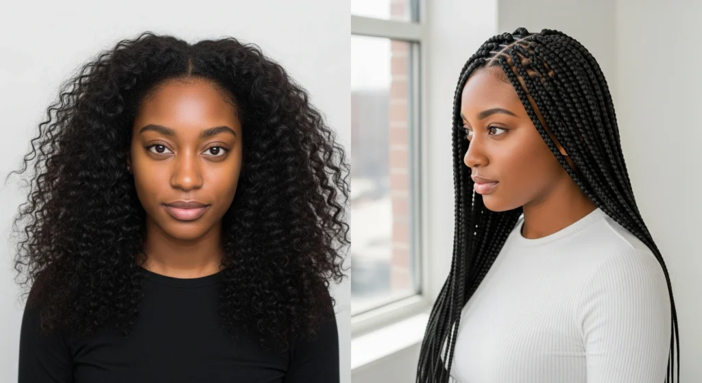 Before and after braid hairstyle transformation showing glossy box braids