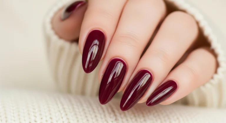 A macro photograph showing glossy, deep burgundy almond-shaped nails resting against a cream-colored cashmere sweater, evoking cozy fall sophistication.