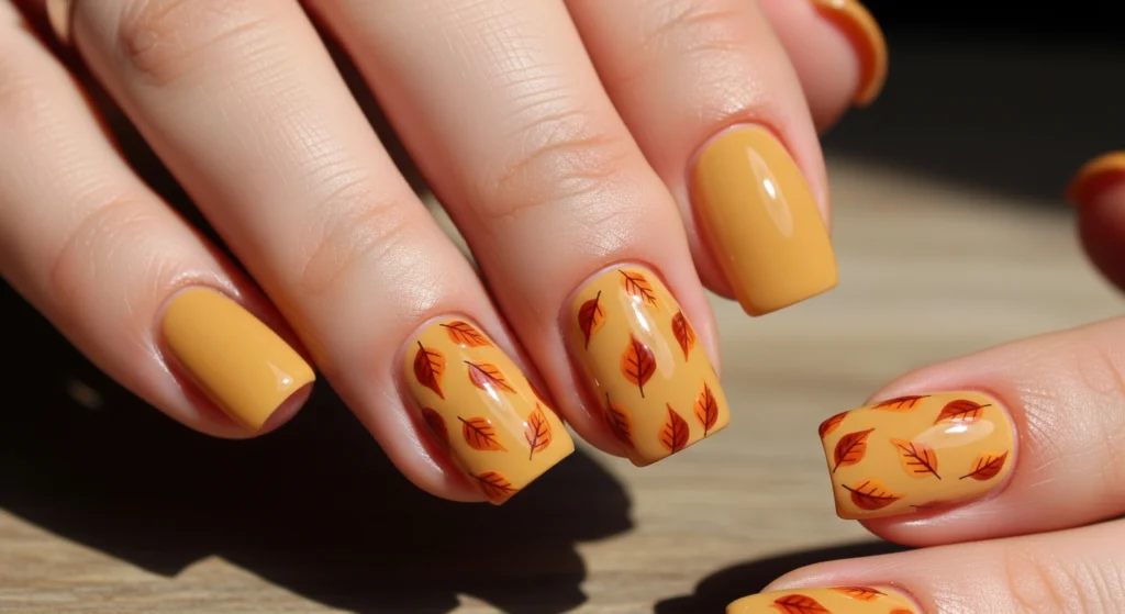 Close-up image of mustard yellow nails featuring small, artistic illustrations of rust and orange falling leaves, captured in warm natural lighting.