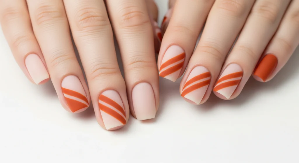 Minimalist nail art featuring a matte burnt orange design using negative space, created with thick diagonal lines across short, clean nails.