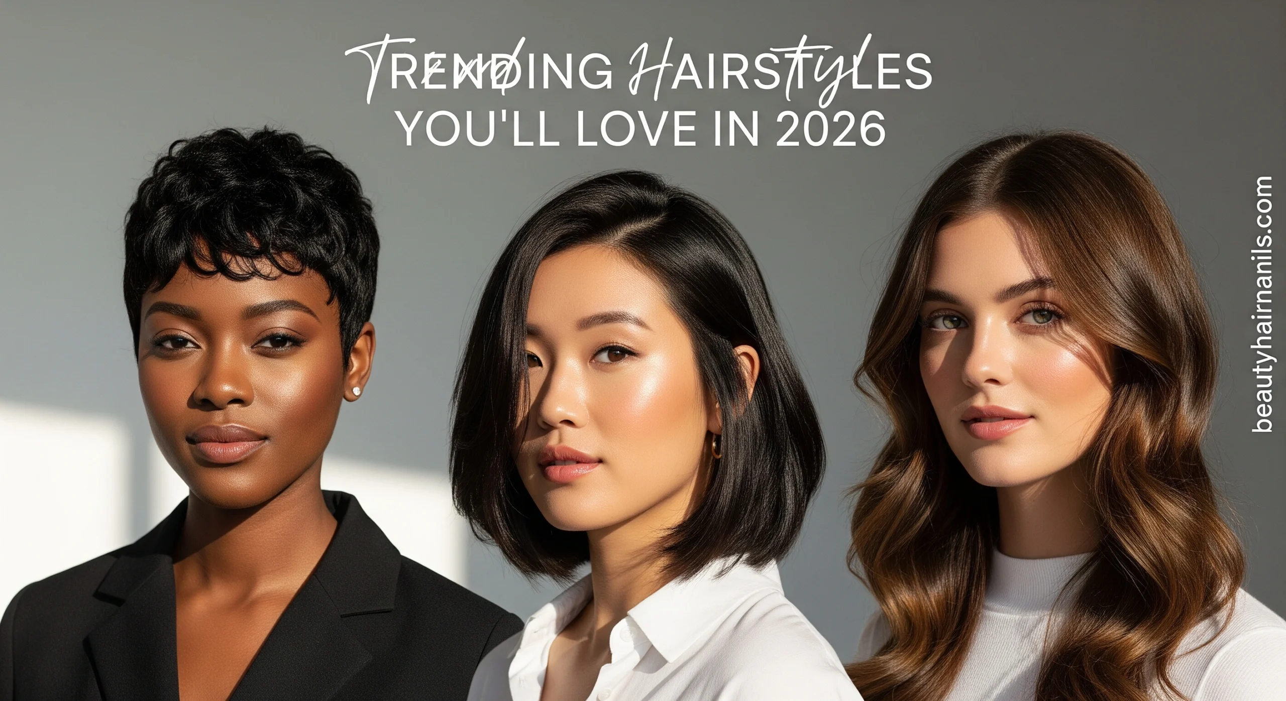 Realistic portrait of diverse women showcasing trending hairstyles for 2026 — layered waves, pixie cuts, and asymmetrical bobs — in soft natural light.