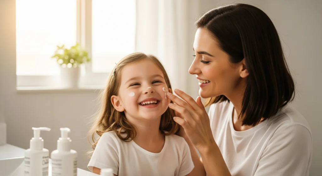 Mother applying gentle moisturizer to young daughter's face in bathroom - kids skin care routine