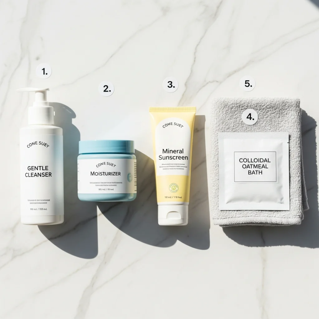 Flat lay of essential kids skincare products arranged in order on white marble surface
