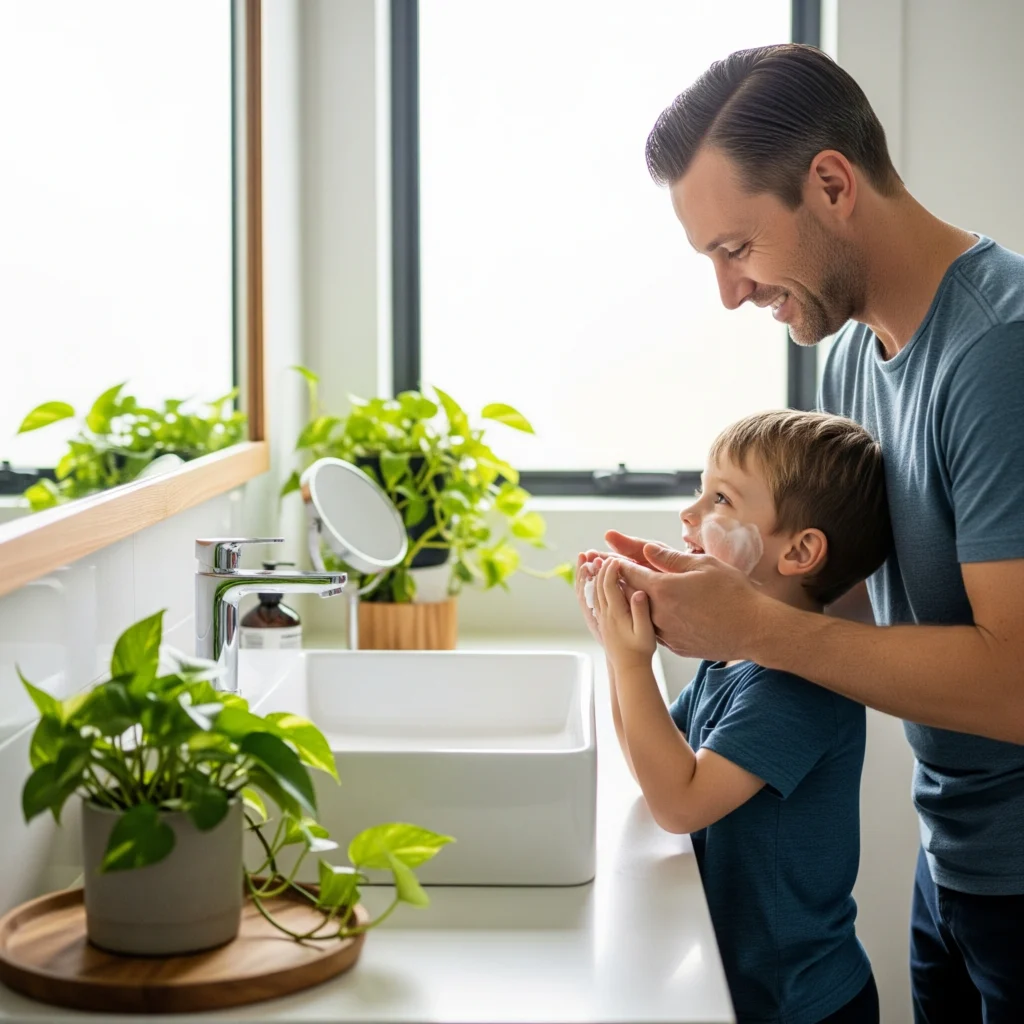 Father teaching young son proper face washing technique at bathroom sink - kids skincare routine