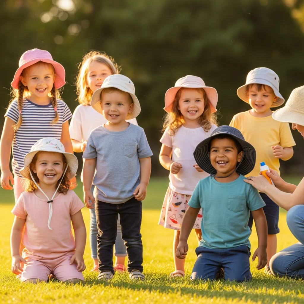 Diverse group of happy children playing outdoors with protected healthy skin - kids skin care results