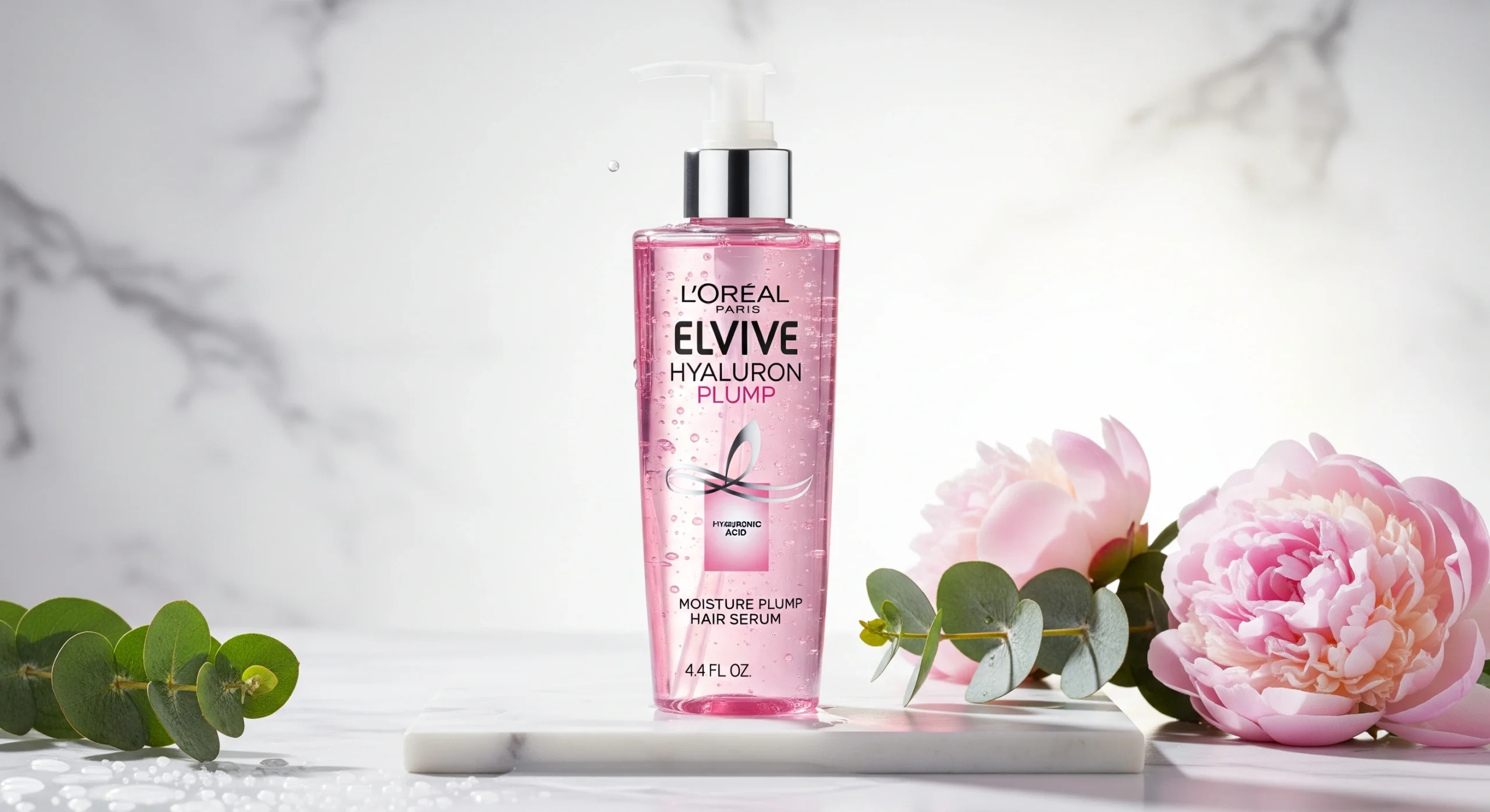 L’Oréal Paris Elvive Hyaluron Plump Hair Serum bottle on marble with fresh florals
