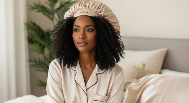 African-American woman wearing Kitsch XL Satin Bonnet in a cozy bedroom for curly hair protection.
