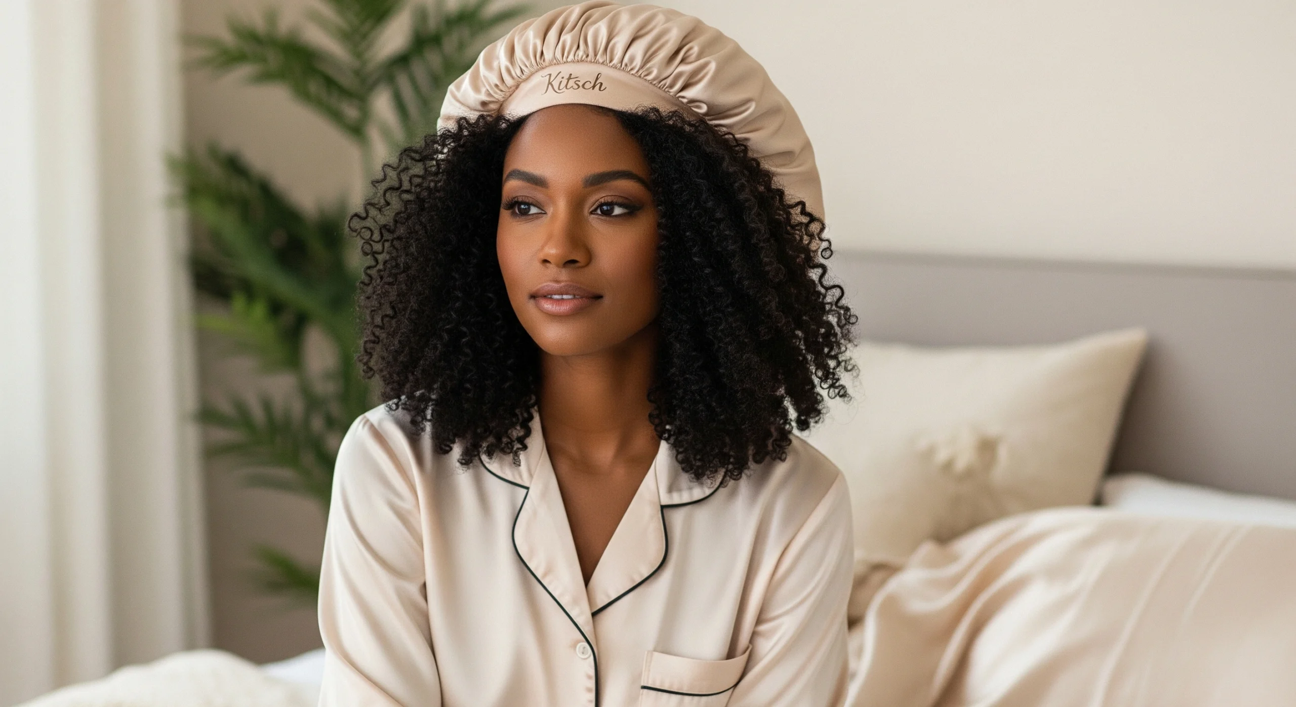 African-American woman wearing Kitsch XL Satin Bonnet in a cozy bedroom for curly hair protection.