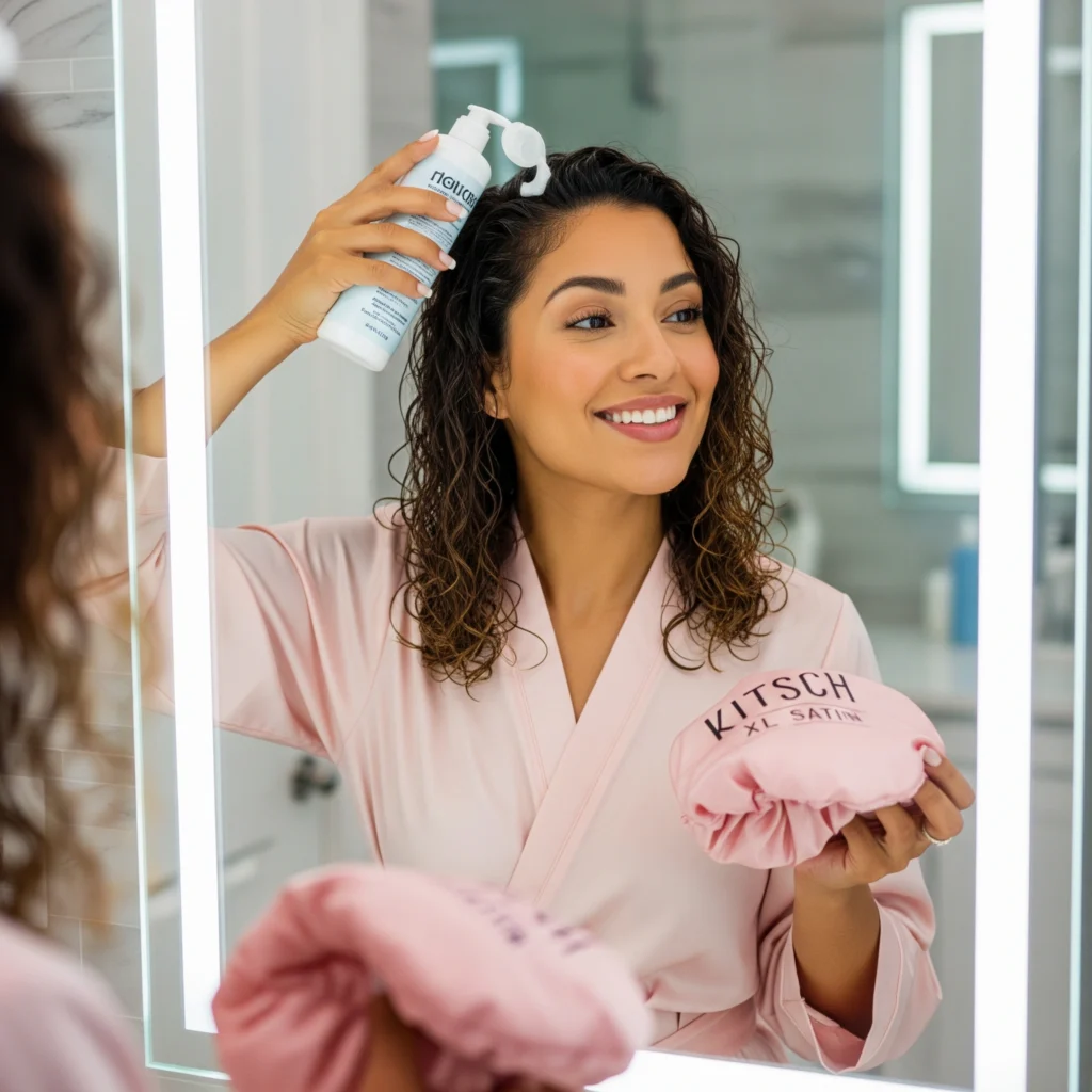 Latina influencer styling curly hair with Kitsch XL Satin Bonnet for nighttime protection.