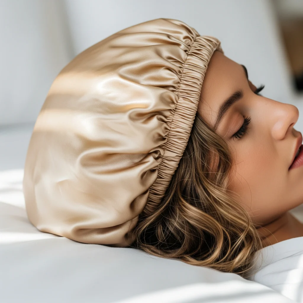 Woman with wavy curls wearing gold satin bonnet showing natural curl definition.