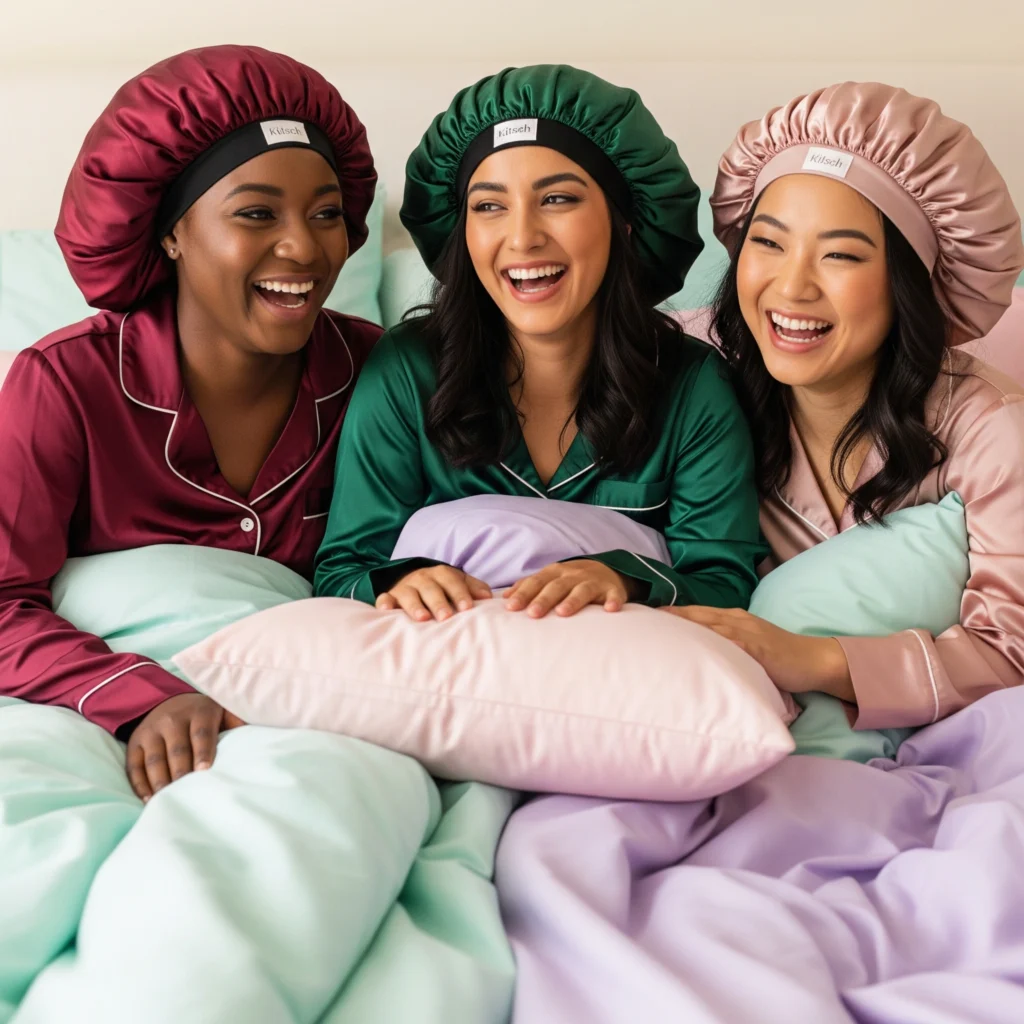 Diverse group of women wearing Kitsch XL Satin Bonnets for curly hair protection.