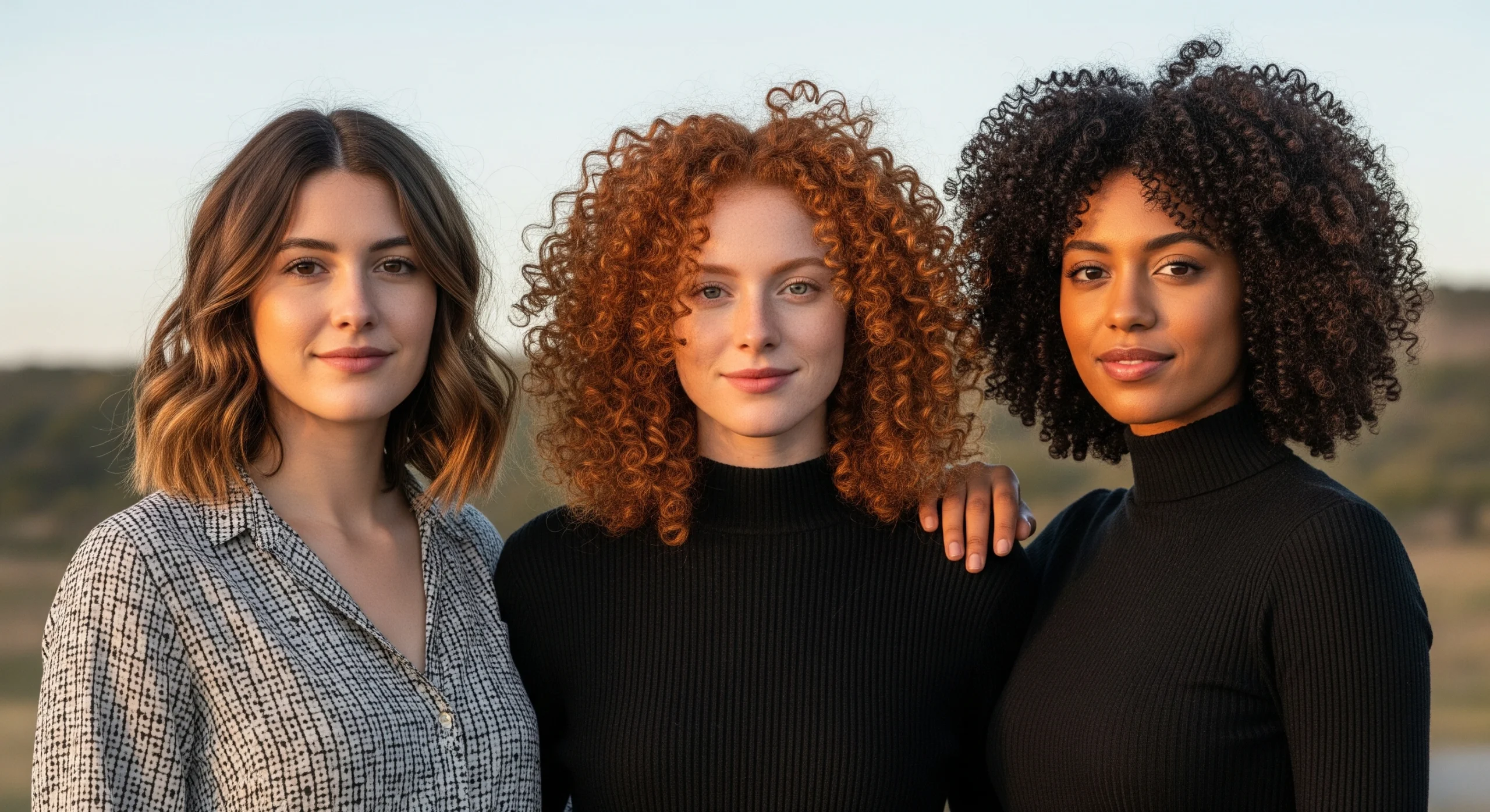 Three women showcasing different curl patterns: wavy, curly, and coily hair types.