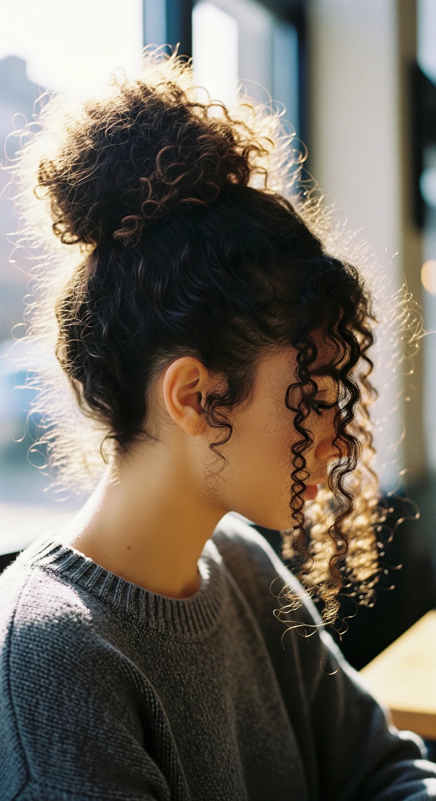 Woman with curly hair styled in a loose, casual messy bun with face-framing tendrils.
