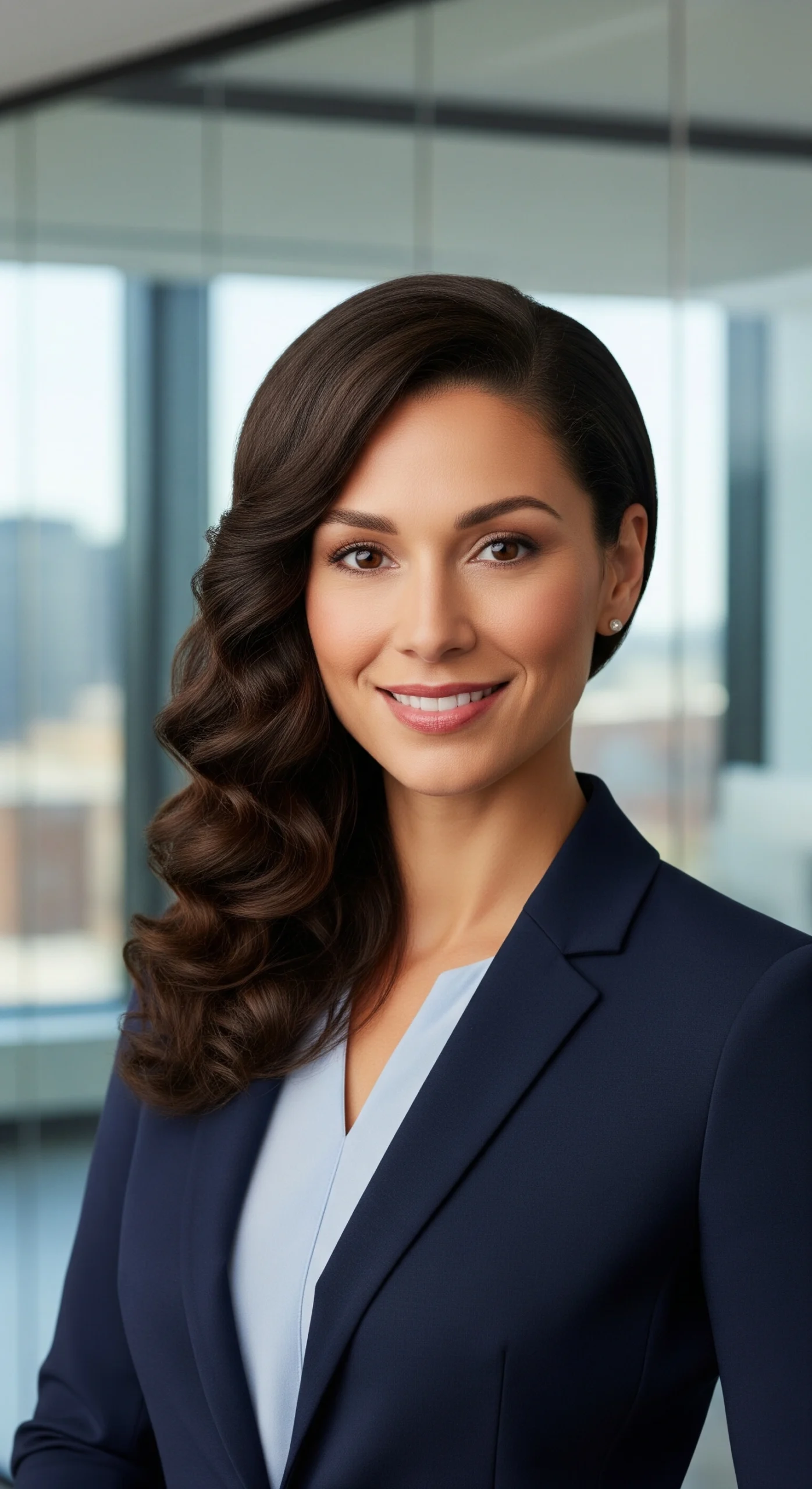 Professional woman with sleek, styled curly hair wearing business attire in an office setting.