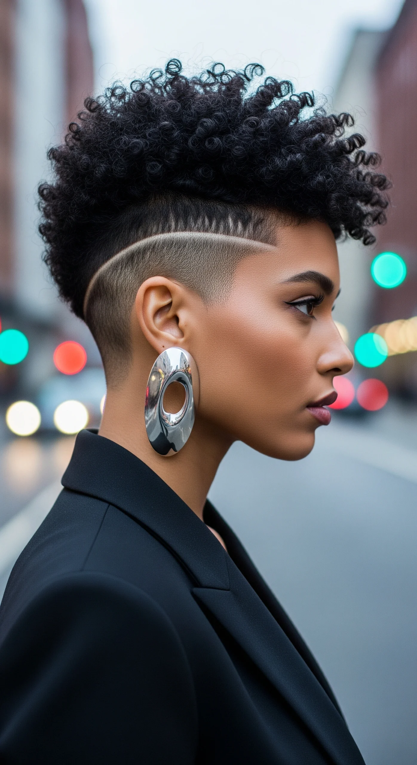 Woman with a chic short tapered curly haircut and faded sides, side profile view.
