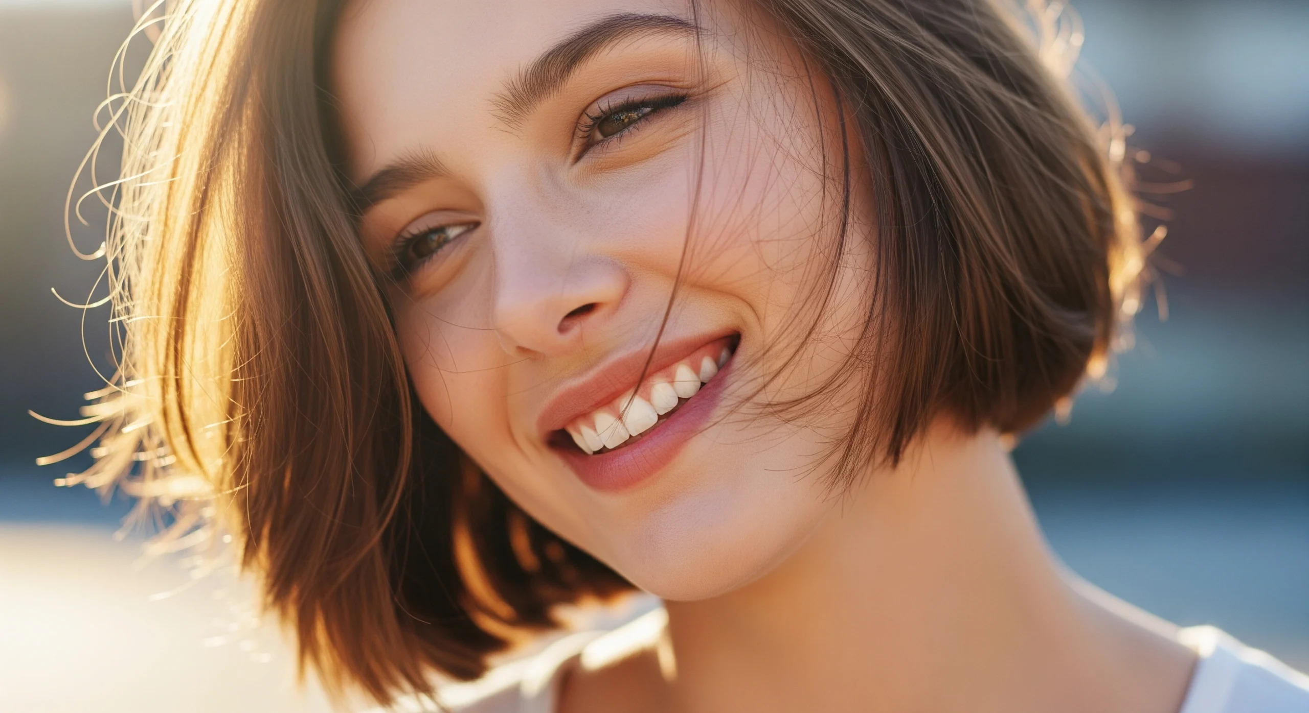 A young woman with a sharp, textured French bob haircut in natural light.