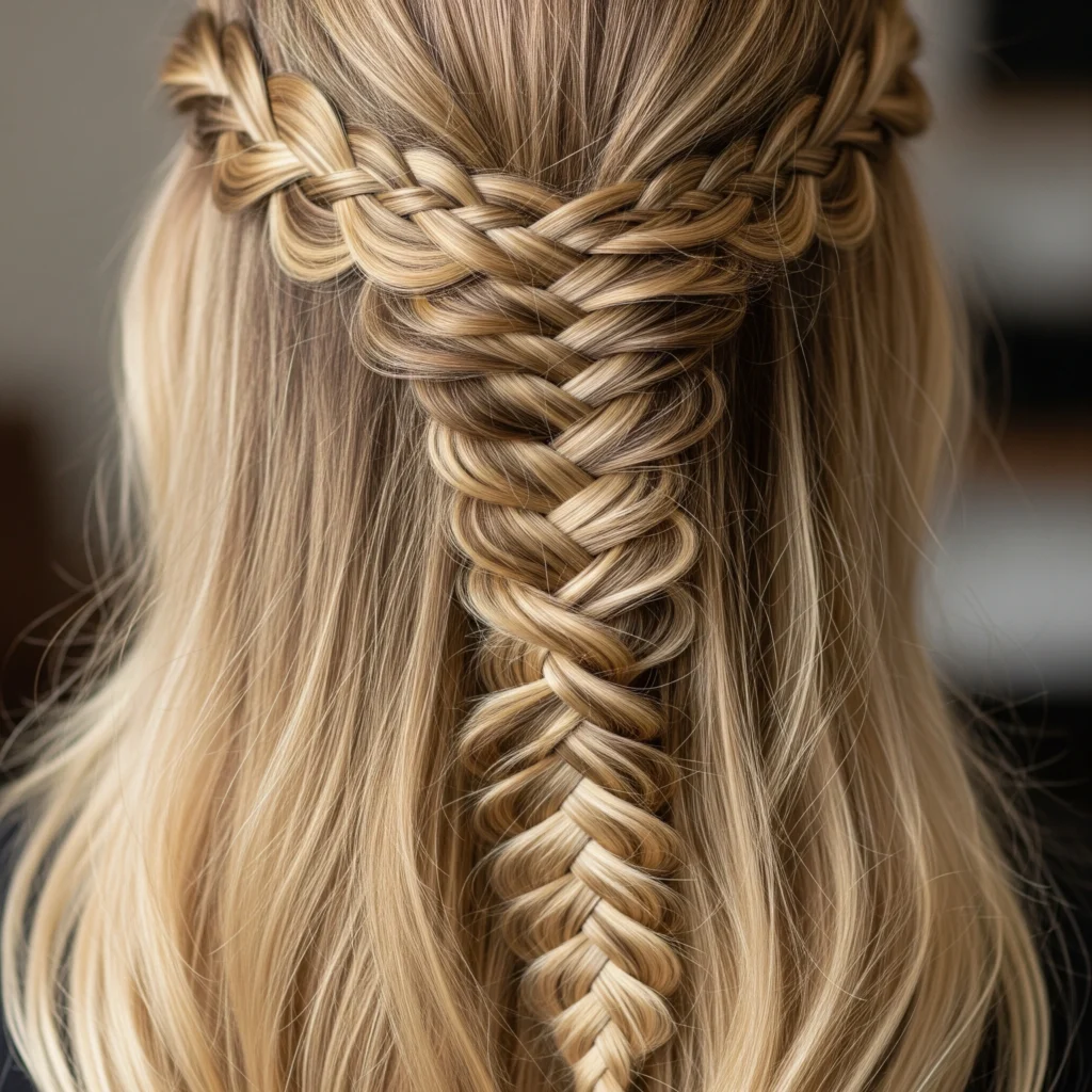 Detailed image of a sun-kissed blonde fishtail braid with added volume.