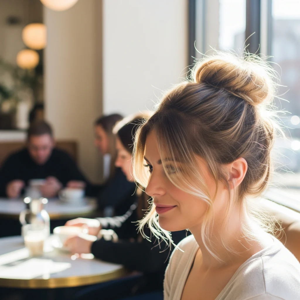 Woman with an elegant high messy bun and face-framing strands in a cafe.