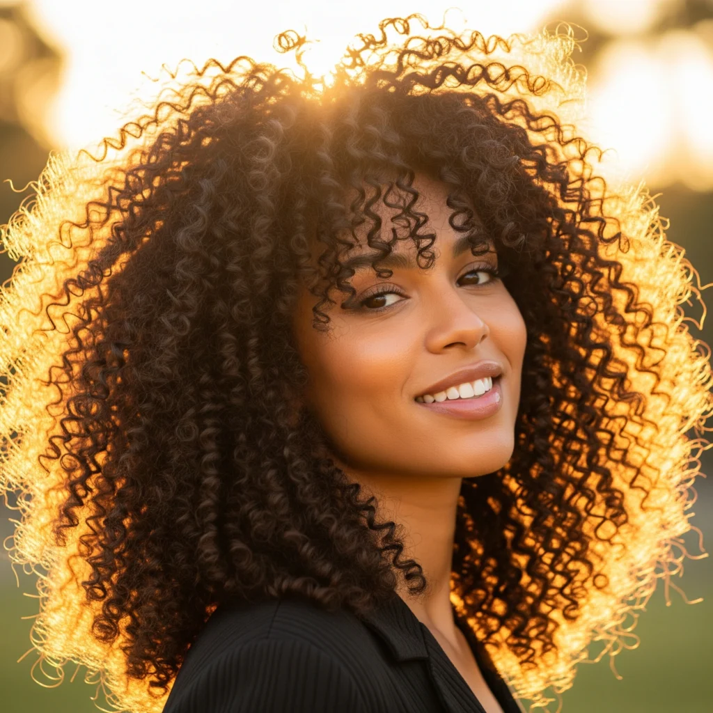 A closeup portrait celebrating natural, voluminous, and defined tight curly hair.