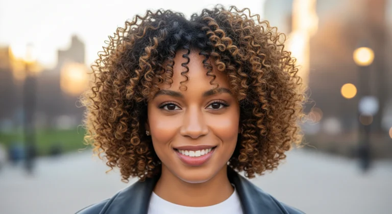 Happy woman with voluminous short curly bob hairstyle featuring honey highlights and defined ringlets.