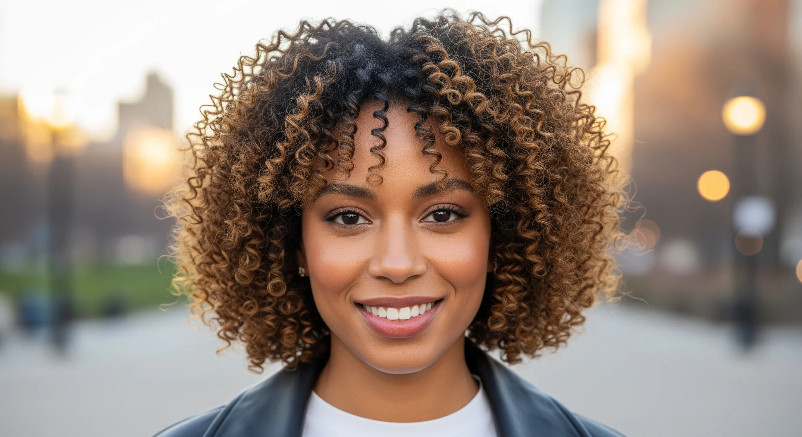 Happy woman with voluminous short curly bob hairstyle featuring honey highlights and defined ringlets.