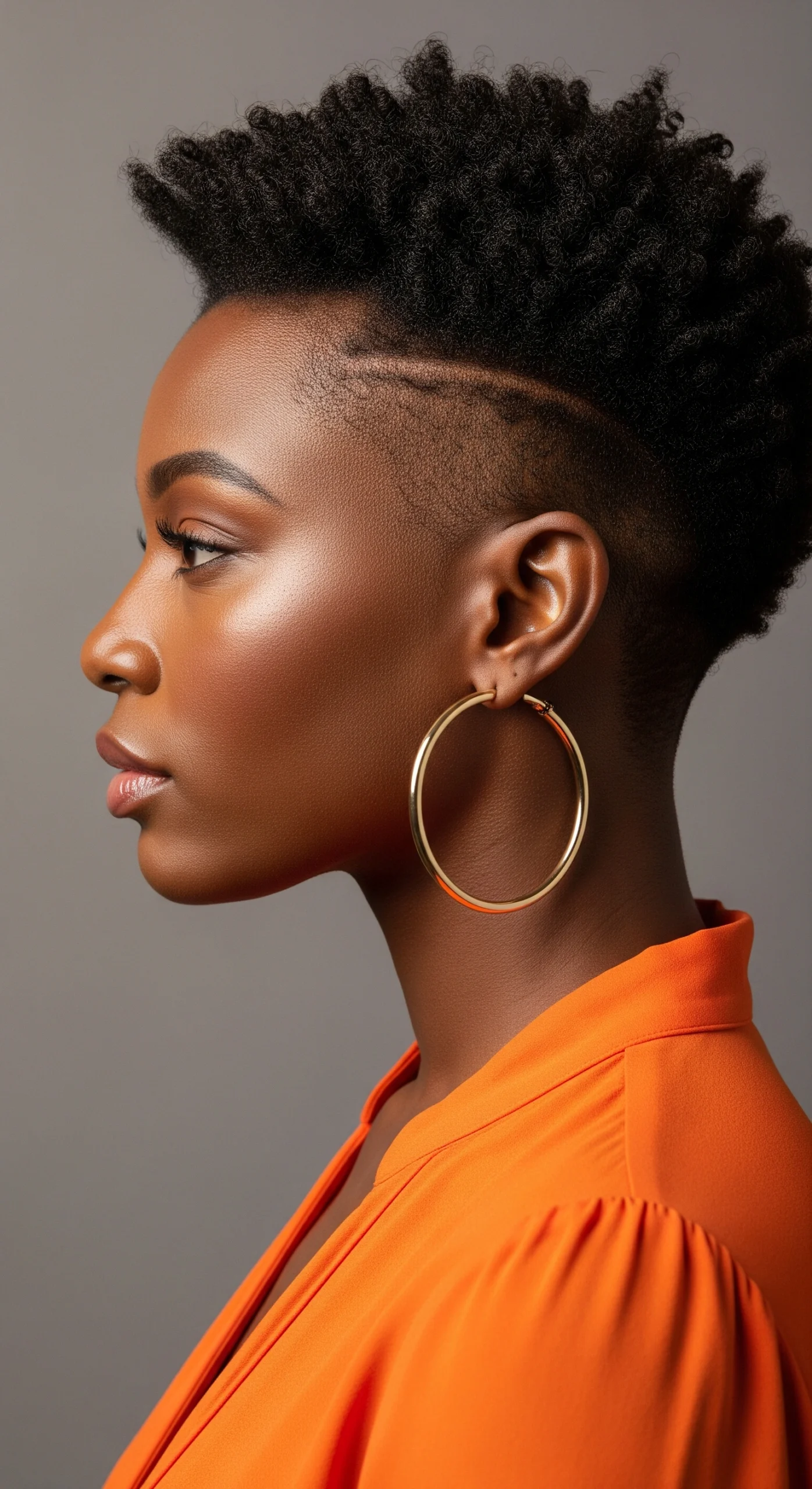 Black woman side profile showcasing a stylish tapered haircut with Type 4 natural coils and faded sides.