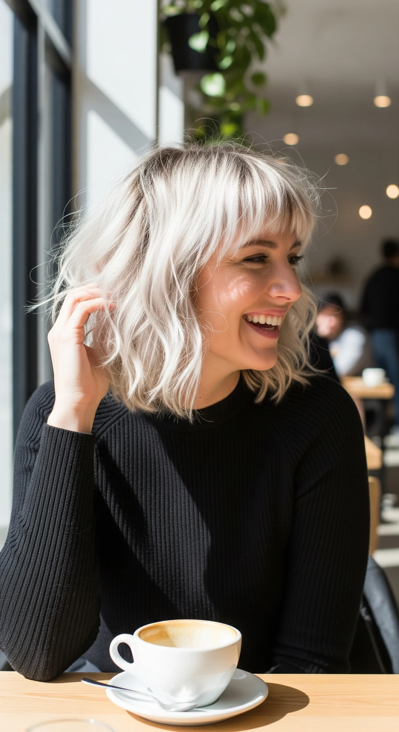 Woman with platinum blonde tousled wavy shag haircut laughing in a coffee shop setting.
