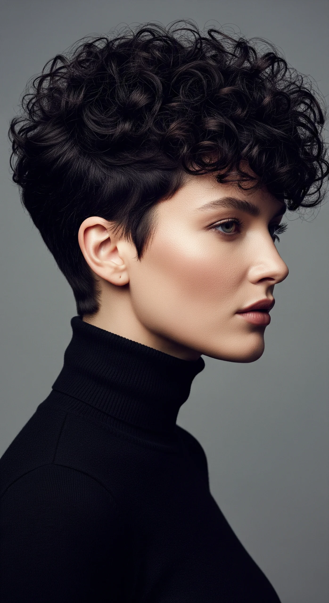 Professional headshot of a woman with a chic dark curly pixie cut wearing a black turtleneck.