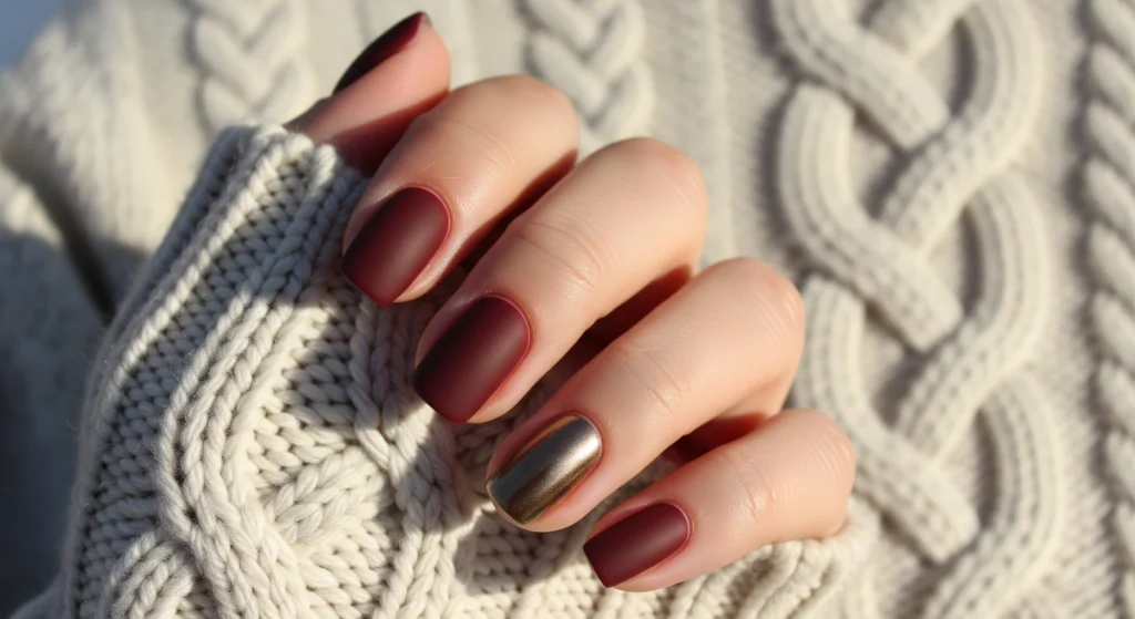 Close-up of four matte oxblood nails and one glossy antique gold chrome accent nail resting on a cream cable-knit sweater.