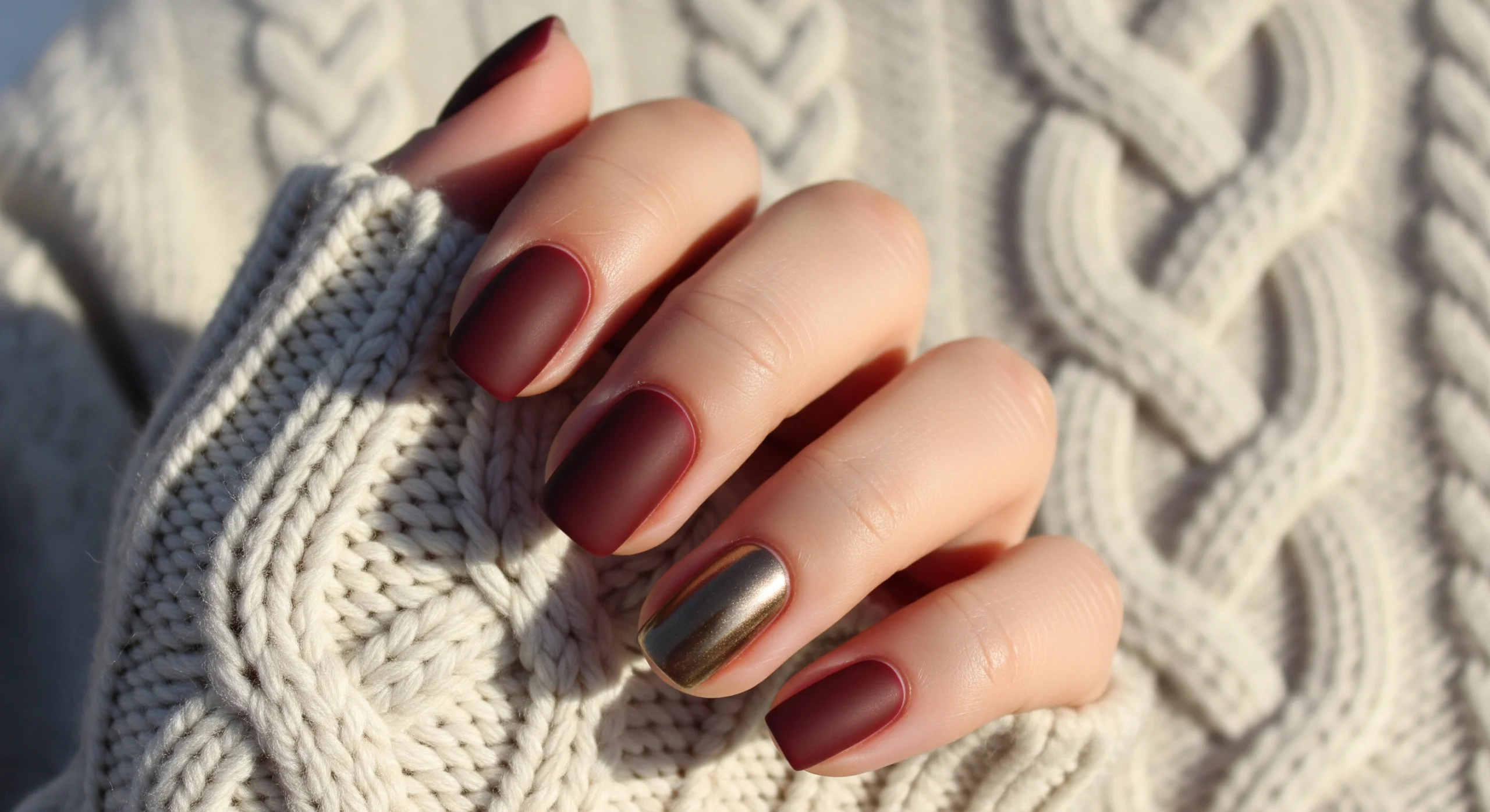 Close-up of four matte oxblood nails and one glossy antique gold chrome accent nail resting on a cream cable-knit sweater.